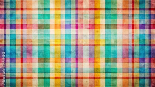 Vibrant multicolored plaid pattern with a vintage textured effect ideal for textile design, scrapbooking, and various creative projects