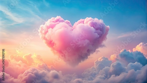 A dreamy heart-shaped cloud formation at sunset, with pastel pink and blue hues in the sky