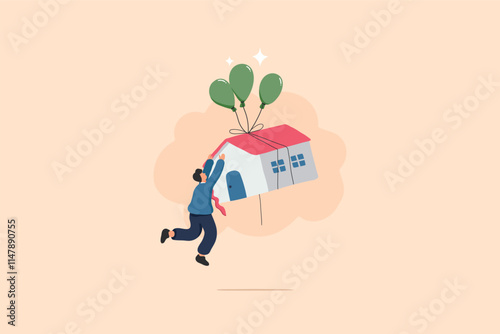 Economic Mortgages, Inflation, and Financial Uncertainty. A Man Clinging to a Floating House Amid Economic Turmoil.