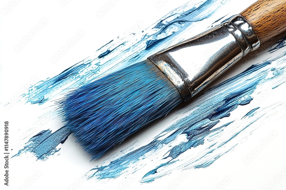 Fototapeta premium Close-up of a blue paintbrush stroke on white paper