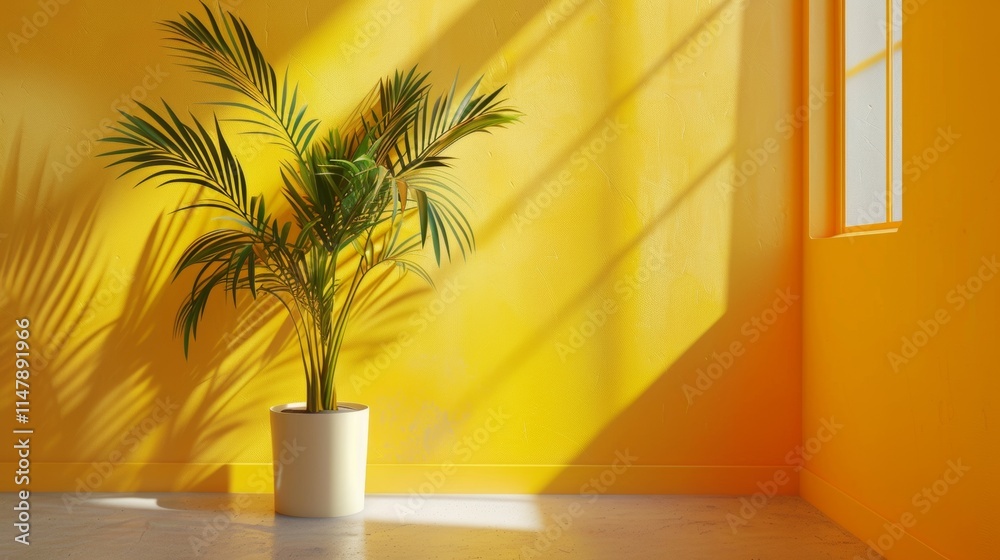 Minimalist Scene with Potted Palm Plant and Yellow Sunlight Minimalist Scene with Potted Palm Plant and Yellow Sunlight