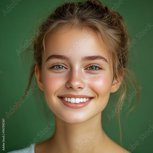 Young girl's portrait with green background. photo