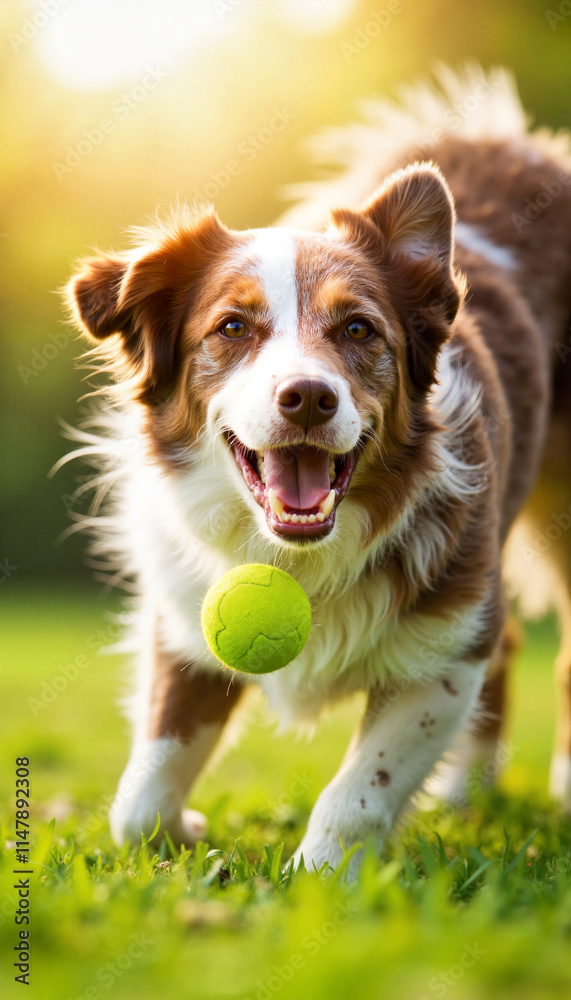 Happy dog playing fetch in sunlight with a bright green ball in a grassy field Happy dog playing fetch in sunlight with a bright green ball in a grassy field