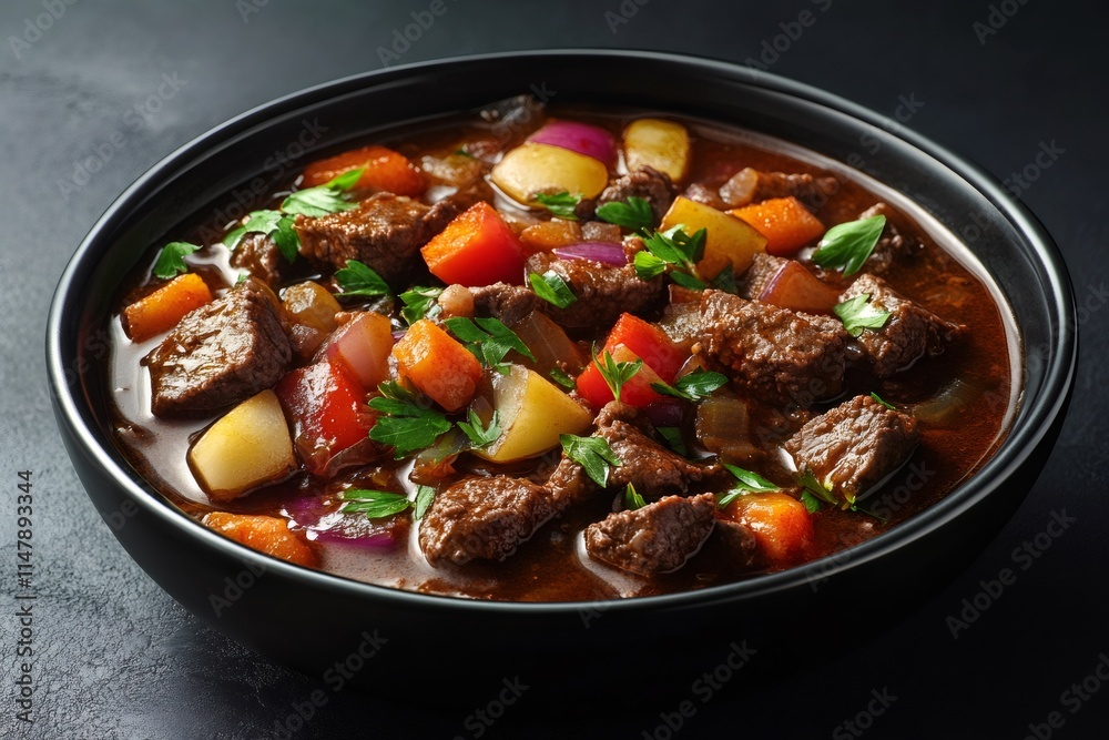 Hearty beef stew is garnished with fresh parsley and served in a black bowl Hearty beef stew is garnished with fresh parsley and served in a black bowl