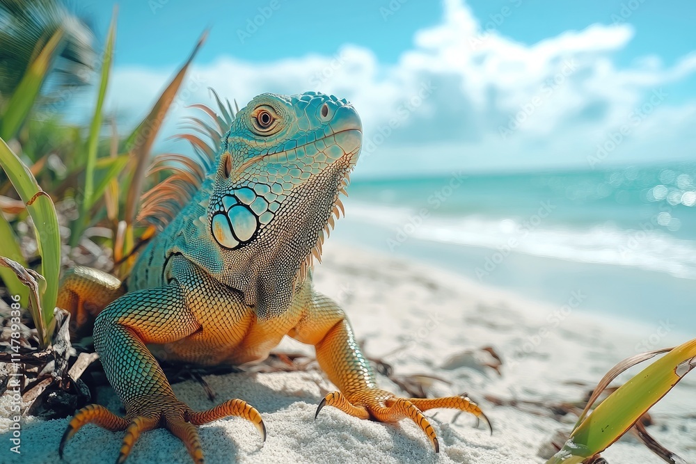 Fototapeta premium Colorful iguana resting on tropical beach sand