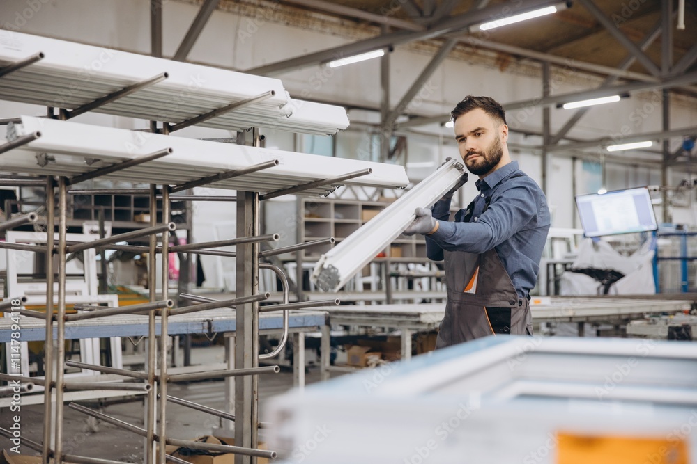 Factory worker carrying pvc window frame in aluminum and pvc windows and doors production Factory worker carrying pvc window frame in aluminum and pvc windows and doors production