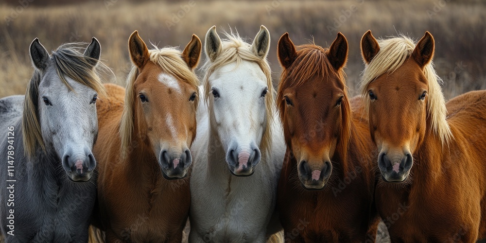 Five horses standing together in open field showing herd behavior Five horses standing together in open field showing herd behavior