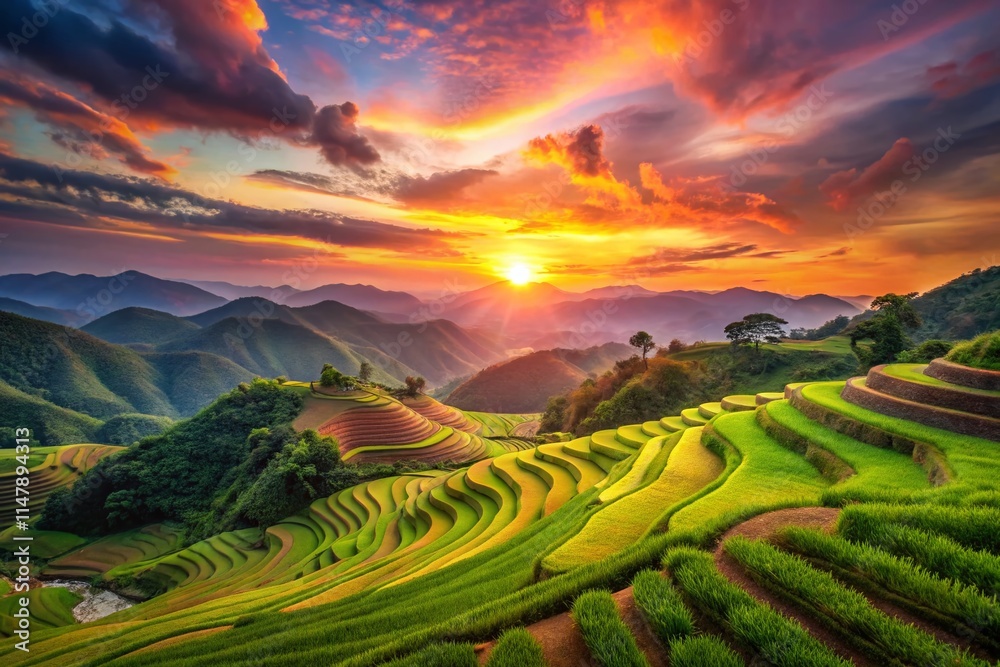 Naklejka premium Hong Kong Rural Sunset: Golden Hour Photography, Idyllic Scenery, Picturesque Landscape, Breathtaking Views