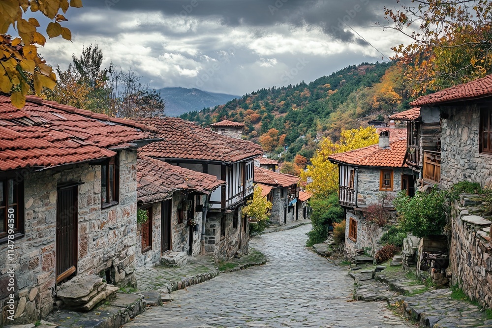 Fototapeta premium Charming stone village street, autumn foliage, mountains.