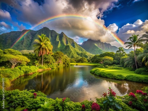 Hoomaluhia Botanical Garden Rainbow, Hawaii Landscape Photography, Lush Tropical Plants, Serene Water Reflections, Kaneohe, Candid Photo photo