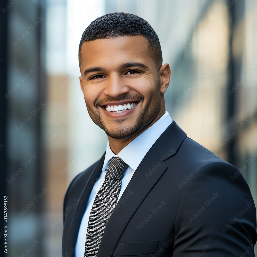 A business professional with a confident smile against a sleek urban background A business professional with a confident smile against a sleek urban background