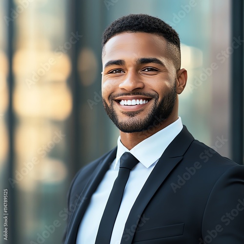 A business professional with a confident smile against a sleek urban background