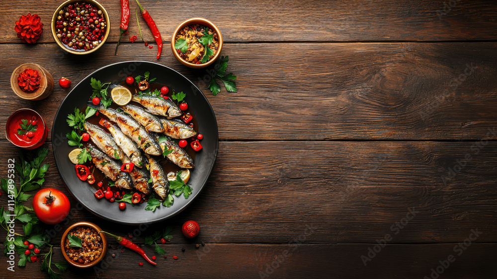 Deliciously arranged platter of grilled fish with herbs and spices Deliciously arranged platter of grilled fish with herbs and spices