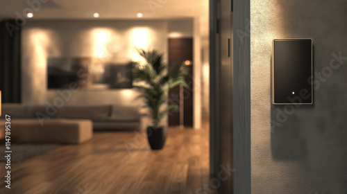 Smart home concepts. Smart home speaker mounted on wall in modern living room ambiance