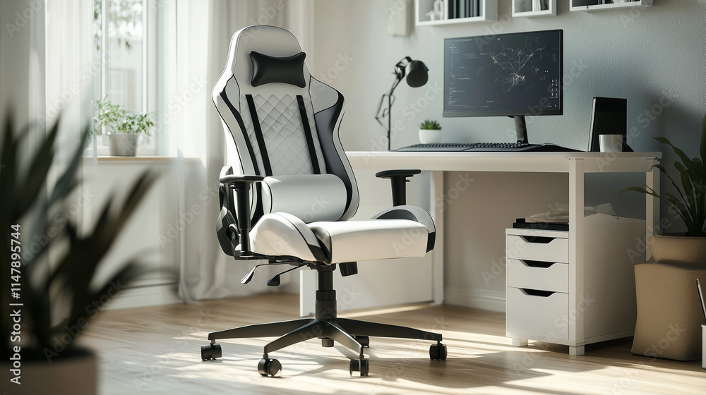 Minimalist white gamer chair with a clean desk setup, highlighted by natural lighting Minimalist white gamer chair with a clean desk setup, highlighted by natural lighting