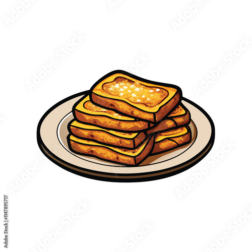 Golden-brown, perfectly crisped French toast slices, dusted with powdered sugar, arranged artfully on a white plate.  Close-up, appetizing view.