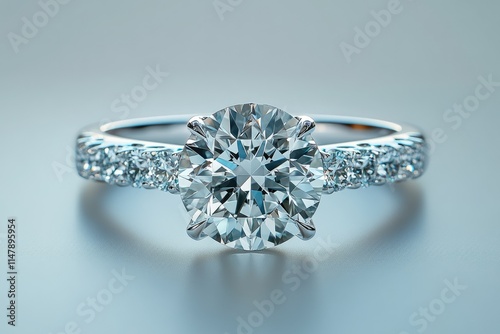 Sparkling solitaire diamond ring shining on reflective surface