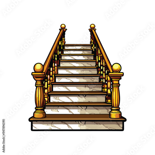 Luxurious, polished marble staircase ascending, featuring a gleaming golden handrail; elegant, detailed interior architecture.