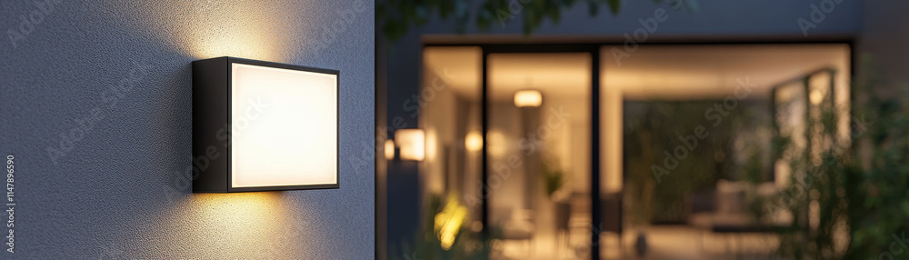 Fototapeta premium Smart home concepts. Modern outdoor wall light with square white acrylic shade illuminating space