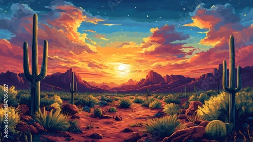 Vibrant sunset illuminating majestic desert landscape with saguaro cacti