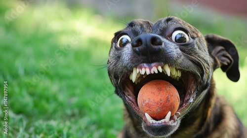 A dog with a goofy smile playing with a ball in the backyard photo