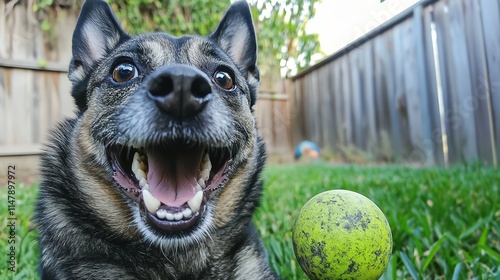 A dog with a goofy smile playing with a ball in the backyard photo