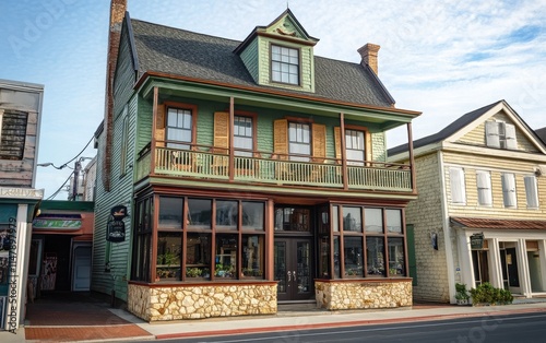 A photo capturing an old two-story building in Ocean City with green paint, wooden accents, and large windows on the second floor overlooking Main Street. photo