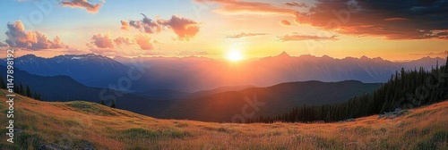 Breathtaking Sunset Over Majestic Mountain Range with Vibrant Colors and Serene Landscape