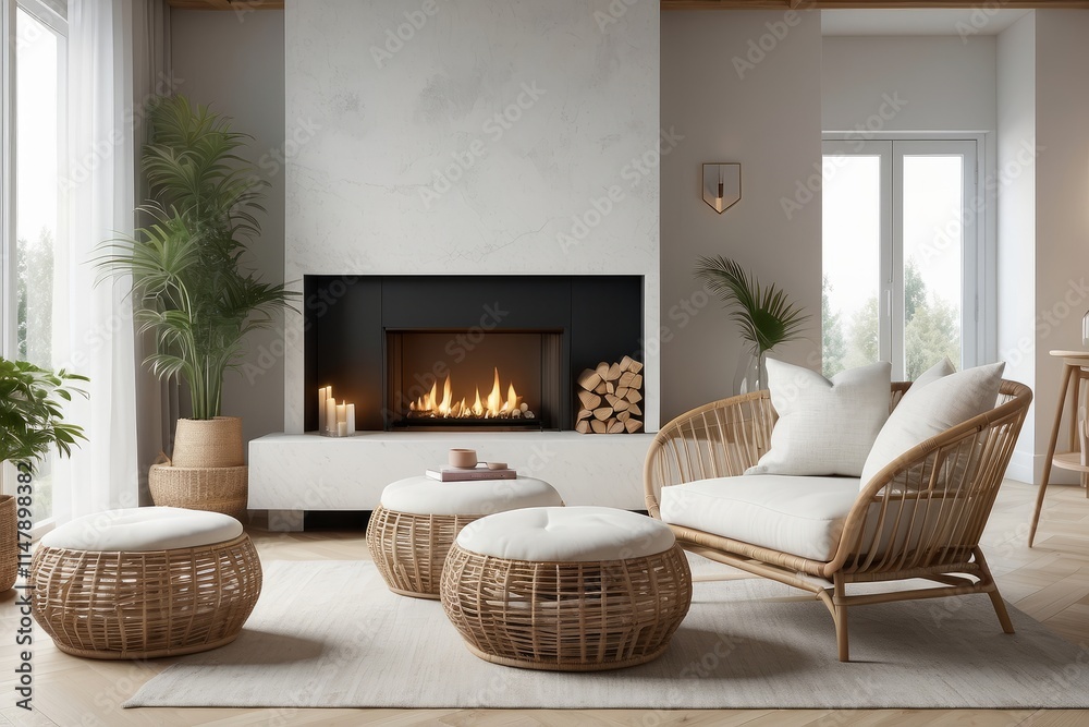 Fototapeta premium Rattan lounge chair, wicker, pouf and white sofa by fireplace