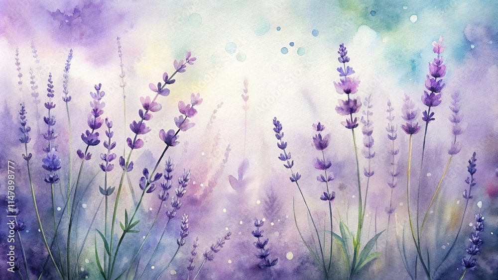 Naklejka premium Serene Watercolor Lavender Field A Dreamy Floral Painting of Purple Blossoms and Soft Hues