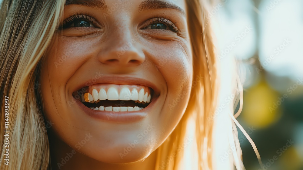 A bright smile with a subtle gold tooth, showcasing unique dental aesthetics A bright smile with a subtle gold tooth, showcasing unique dental aesthetics