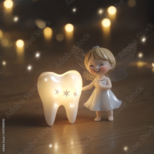 A tooth fairy figurine next to a child s tooth under a glowing light photo