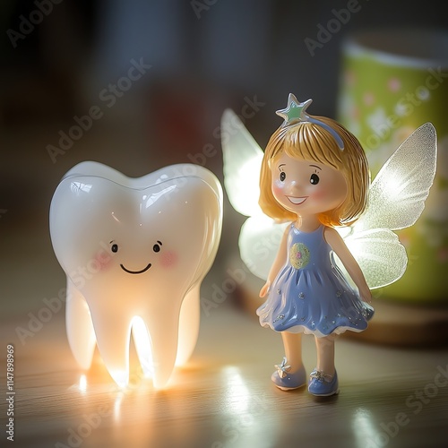 A tooth fairy figurine next to a child s tooth under a glowing light photo