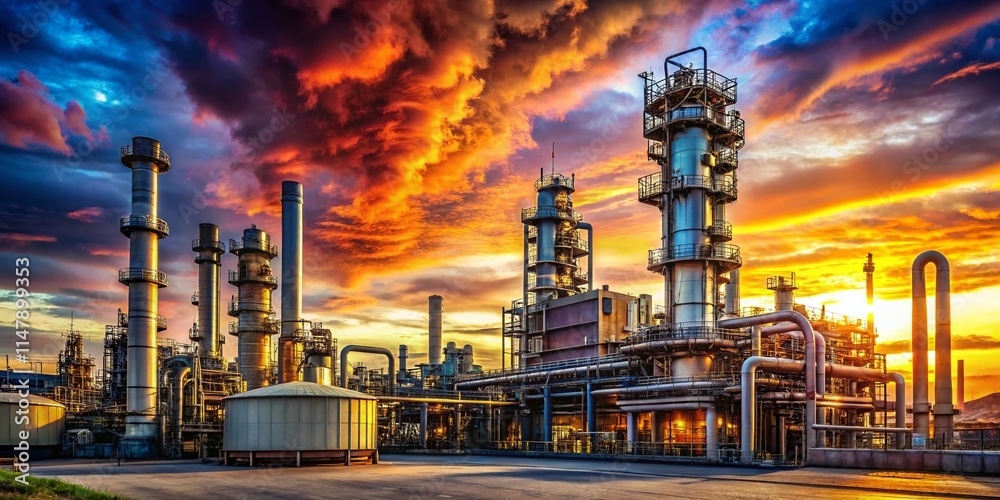 Industrial Refinery Complex, Chemical Plant, Oil Processing, Petrochemical Facility, Manufacturing, Energy Production, Industrial Landscape, Sunset Refinery