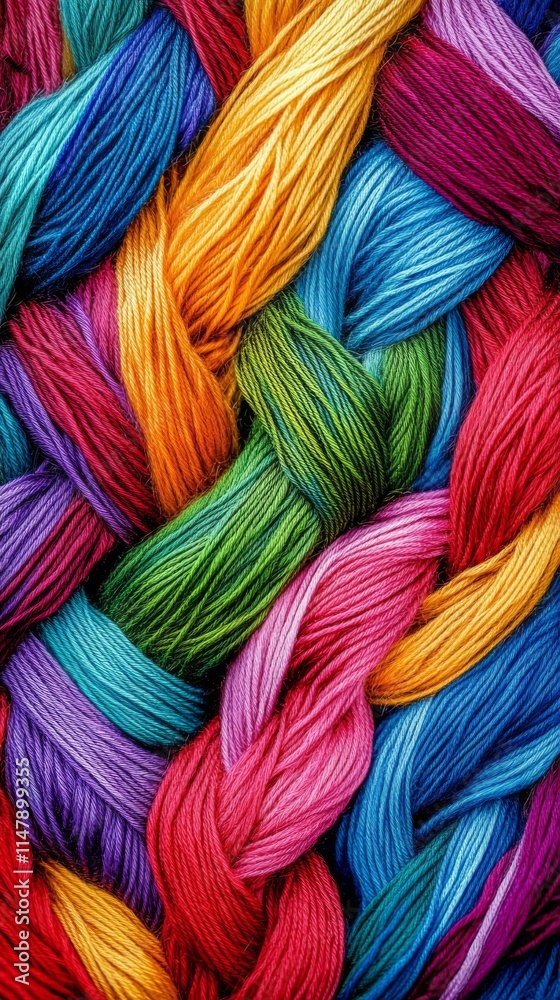 Close-up of colorful yarn braids showcasing a vibrant and textured pattern, perfect for craft and textile design inspiration. Close-up of colorful yarn braids showcasing a vibrant and textured pattern, perfect for craft and textile design inspiration.