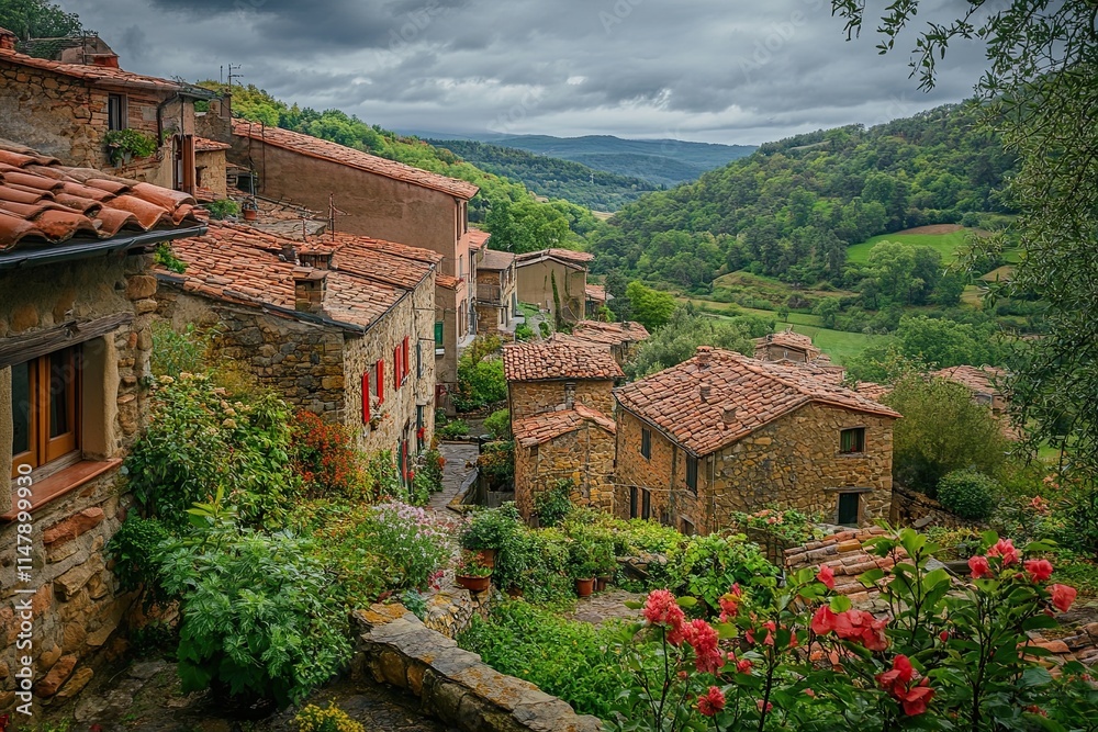 Naklejka premium Hillside village with stone houses, red roofs, lush greenery, and a valley view under a cloudy sky.