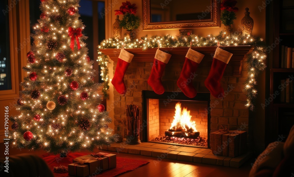 Cozy holiday scene with Christmas tree Cozy holiday scene with Christmas tree