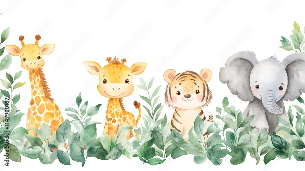 Naklejka premium Cute baby giraffes, tiger and elephant hiding in jungle foliage