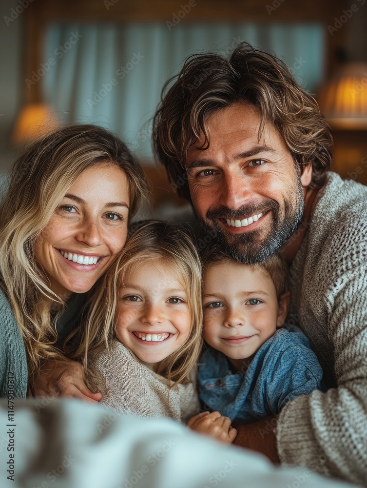Happy family smiling and embracing on bed at home Happy family smiling and embracing on bed at home