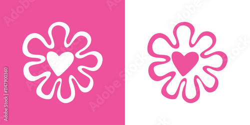 Flor con corazón. Logo con silueta de corazón en pétalos de flor estilo margarita  con líneas para tarjetas y felicitaciones de San Valentín