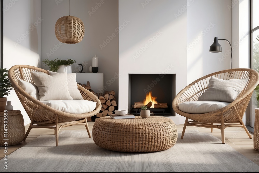 Obraz premium Rattan lounge chair, wicker, pouf and white sofa by fireplace