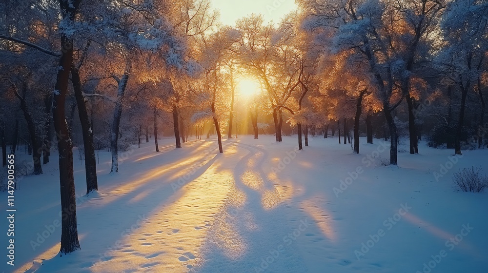 Golden sunlight shining through snowy trees in winter park Golden sunlight shining through snowy trees in winter park