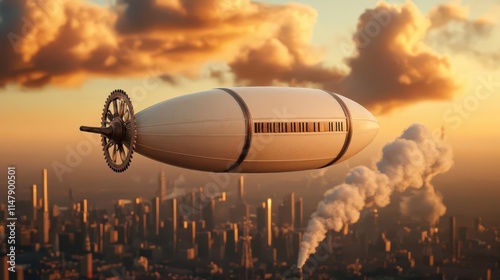 Surreal steampunk airship flying through an industrial, gearfilled sky, warm hues Steampunk airship, Retrofuturism photo