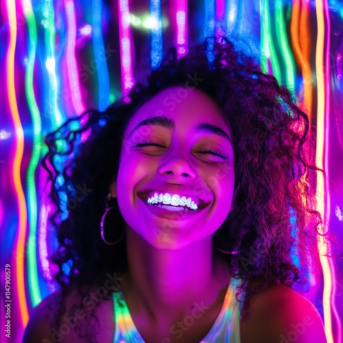 A person smiling with dazzling teeth under colorful neon lights