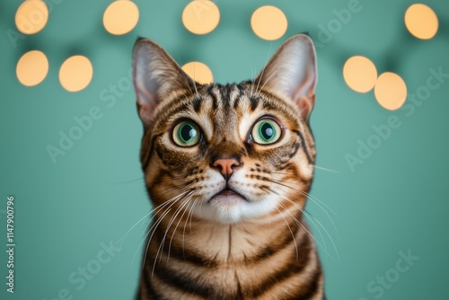 Adorable Bengal Cat Portrait Green Background Festive Lights