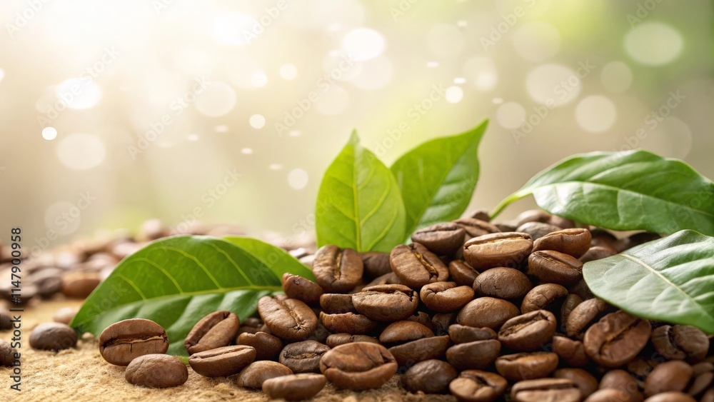 Obraz premium coffee beans on green leaves