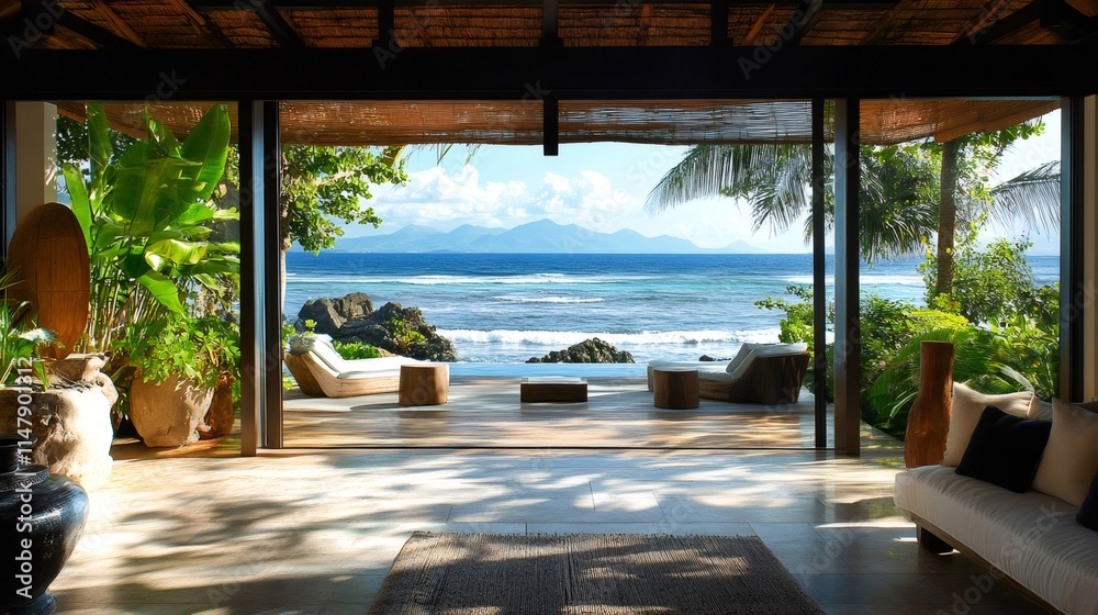 Fototapeta premium Luxury resort room opening onto tropical ocean view with deck and lounge chairs