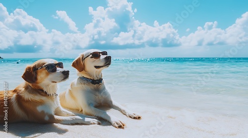 Two adorable dogs relaxing in sunglasses under a clear sky near beautiful calm ocean waters