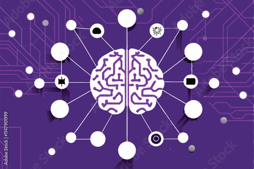 Illustrate a complex neural network, resembling a brain, processing data; emphasize interconnected nodes and flowing information.