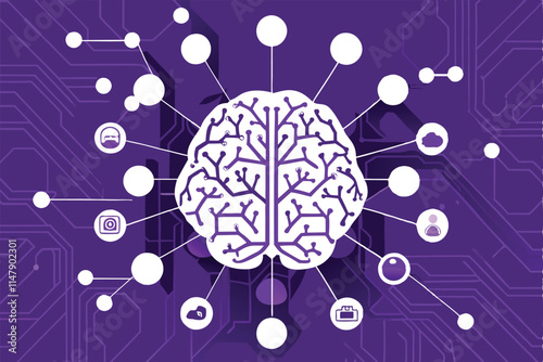 Illustrate an artificial neural network, resembling a brain, processing data; depict nodes, connections, and information flow visually.